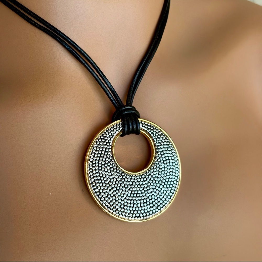 Modern Gold and Silver Textured Reversible Circle Pendant Necklace